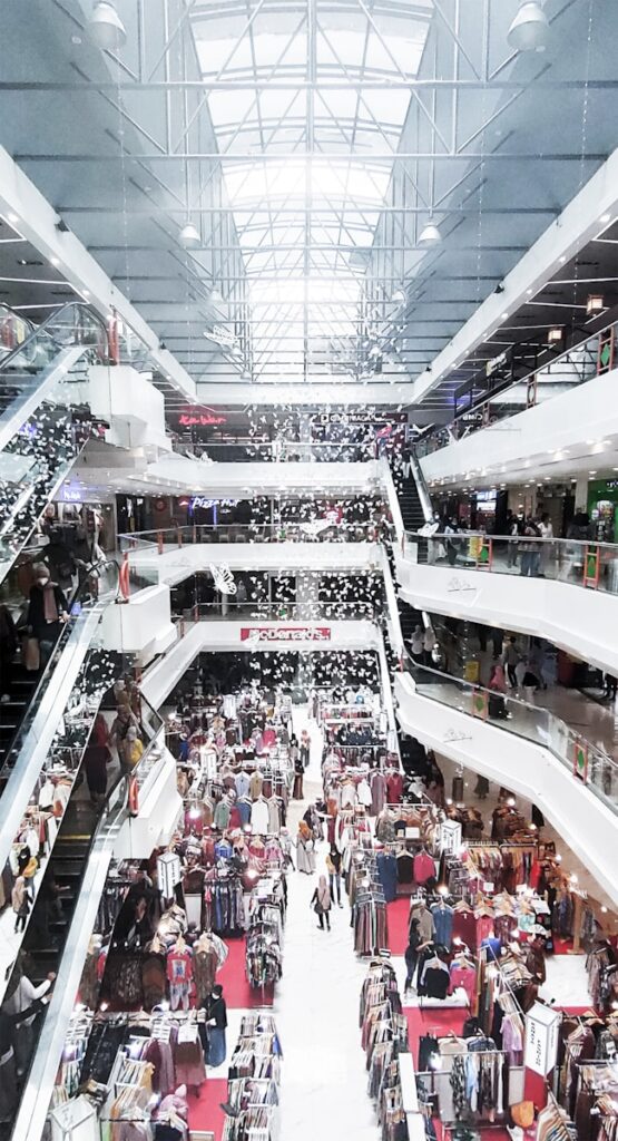 A group of people walking through a shopping mall