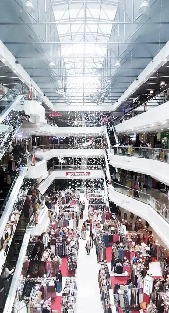 A group of people walking through a shopping mall